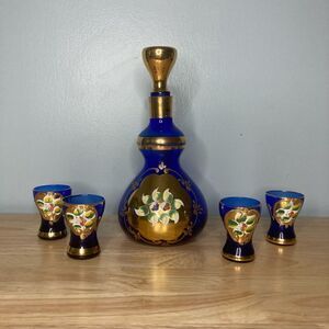 Antique Blue And Gold Glass Decanter & Set of 4 Glasses Hand Painted in Italy
